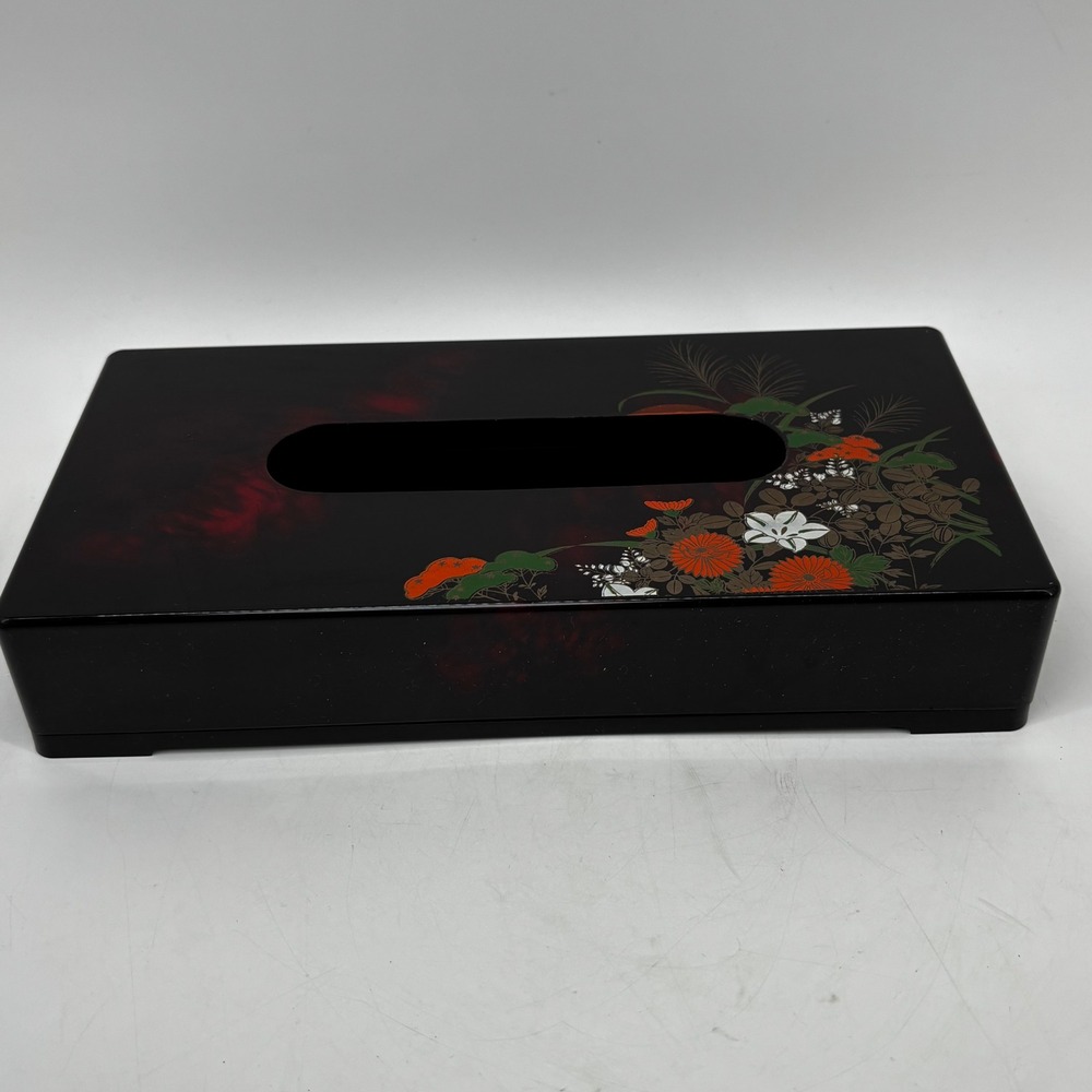 Vintage Japanese Lacquerware Tissue Box Cover Black Floral Chrysanthemum Japan
